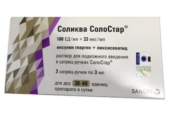 СОЛИКВА СОЛОСТАР р-р д/инъекц. п/к 100 ЕД+33 мкг/мл картридж 3 мл №3 шприц-ручка