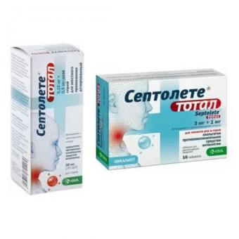Комплект из 2Х товаров СЕПТОЛЕТЕ ТОТАЛ спрей д/местн. примен. 30 мл + СЕПТОЛЕТЕ ТОТАЛ эвкалипт табл. д/рассас. №16