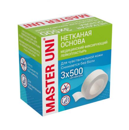 ЛЕЙКОПЛАСТЫРЬ ФИКСИРУЮЩИЙ МАСТЕР ЮНИ нетканая основа 3см х 500см карт.упак