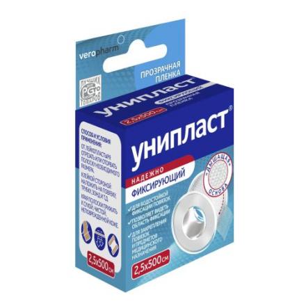 ЛЕЙКОПЛАСТЫРЬ ФИКСИРУЮЩИЙ УНИПЛАСТ прозрачная пленка 2,5см х 500см