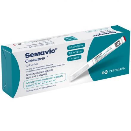 СЕМАВИК р-р д/инъекц. п/к 1,34 мг/мл шприц-ручка 3 мл №1 (0,25/0,5 мг/1 мг/доза) + 9 игл