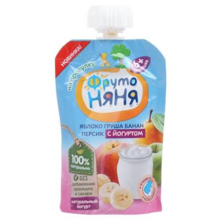 ФРУТОНЯНЯ ПЮРЕ ФРУКТОВОЕ банан-груша-яблоко-персик 90 гр