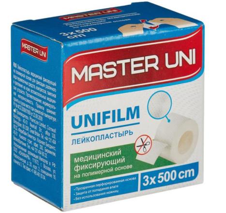 ЛЕЙКОПЛАСТЫРЬ ФИКСИРУЮЩИЙ МАСТЕР ЮНИ полимерная основа 3см х 500см карт.упак