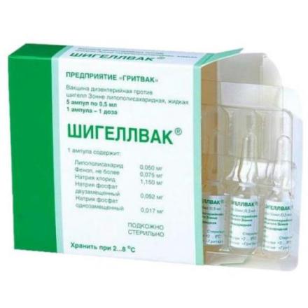 ВАКЦИНА ШИГЕЛЛВАК ДИЗЕНТЕРИЙНАЯ против шигелл Зонне полисахар. р-р д/инъекц. п/к 0,5 мл/доза амп. 0,5 мл №5