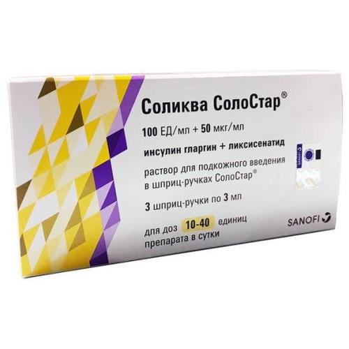 СОЛИКВА СОЛОСТАР р-р д/инъекц. п/к 100 ЕД+50 мкг/мл картридж 3 мл №3 шприц-ручка