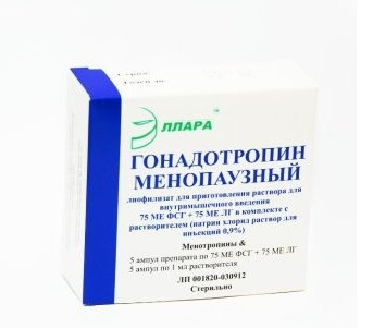ГОНАДОТРОПИН МЕНОПАУЗНЫЙ лиоф.д/приг.р-ра в/м 75 МЕ ФСГ+75 МЕ ЛГ амп. 2 мл №5 с р-лем натрия хлоридом