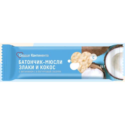 БАТОНЧИК-МЮСЛИ СЕРДЦЕ КОНТИНЕНТА злаки и кокос с вит С 25 гр