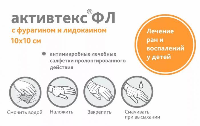 САЛФЕТКА АНТИСЕПТИЧЕСКАЯ АКТИВТЕКС ФЛ (фурагин/лидокаин) 10см х 10см №1