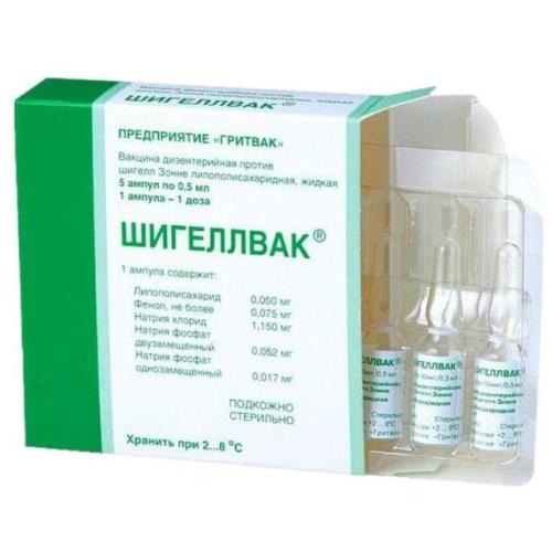 ВАКЦИНА ШИГЕЛЛВАК ДИЗЕНТЕРИЙНАЯ против шигелл Зонне полисахар. р-р д/инъекц. п/к 0,5 мл/доза амп. 0,5 мл №5