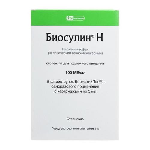 БИОСУЛИН Н сусп. д/инъекций п/к 100 ЕД/мл картридж 3 мл №5 + шпр.- ручка