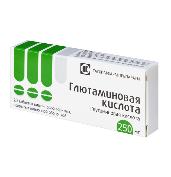 ГЛЮТАМИНОВАЯ КИСЛОТА табл. к/р п/о 250 мг №20
