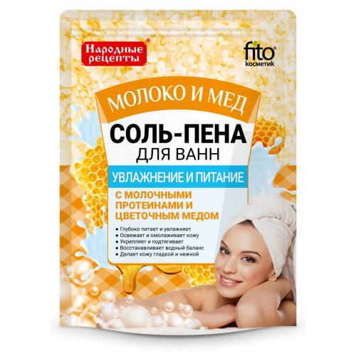 НАРОДНЫЕ РЕЦЕПТЫ СОЛЬ-ПЕНА ДЛЯ ВАНН 200 гр увлажнение и питание (молоко и мед)