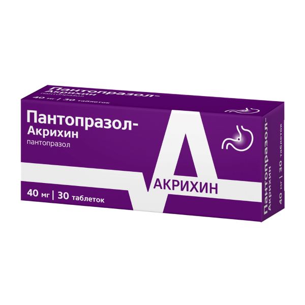 Изображение товара Пантопразол 40 мг Акрихин - таблетки для лечения язвы и гастрита, 30 шт
